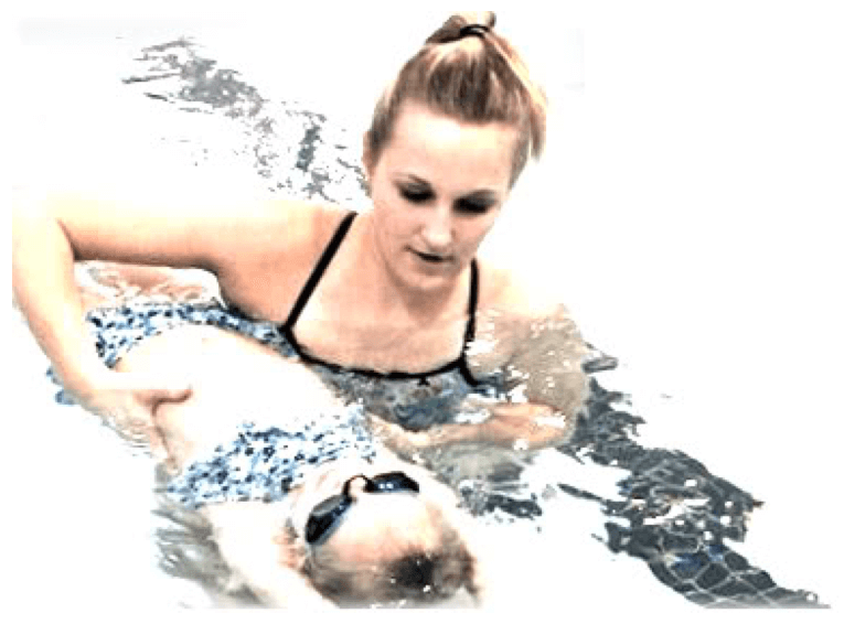 swimming instructor working with a child to float on their back